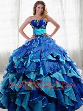 2014 Popular Blue Sweetheart Quinceanera Dresses with Appliques and Ruffles