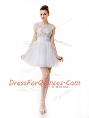 New Style Scoop Cap Sleeves Prom Party Dress Mini Length Beading and Ruching White Organza