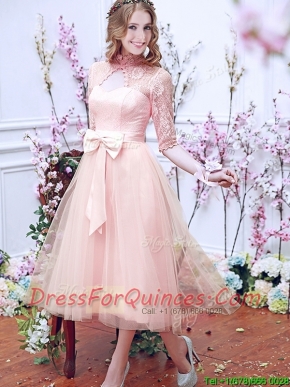 See Through High Neck Half Sleeves Dama Dresses with Bowknot