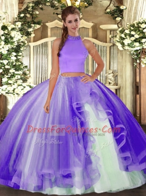Best Lavender Backless Quinceanera Dresses Beading and Ruffles Sleeveless Floor Length