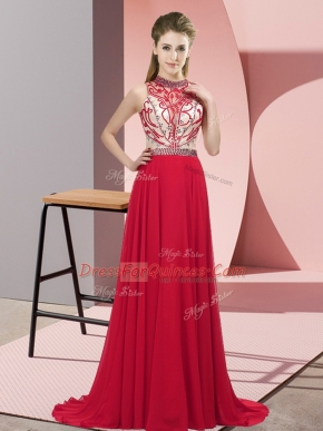 Sumptuous Sleeveless Beading Backless Prom Dresses with Red Brush Train