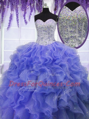 Custom Designed Sleeveless Ruffles and Sequins Lace Up Quinceanera Dress