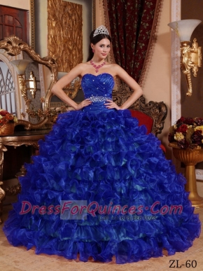 Beautiful Sweetheart Organza Ball Gown Dress with Beading and Ruffels in Royal Blue