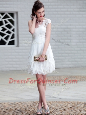 White One Shoulder Neckline Lace and Ruffles Prom Evening Gown Sleeveless Zipper
