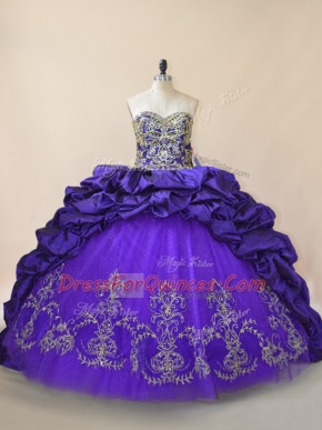 Purple Ball Gowns Satin and Organza Sweetheart Sleeveless Embroidery and Pick Ups Lace Up Sweet 16 Quinceanera Dress Brush Train