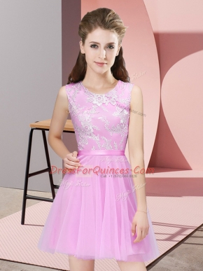 Rose Pink Scoop Neckline Lace Quinceanera Court of Honor Dress Sleeveless Side Zipper