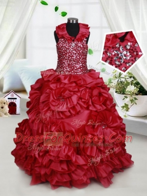 Wine Red Ball Gowns Taffeta Halter Top Sleeveless Beading and Ruffles and Sequins Floor Length Zipper Flower Girl Dresses