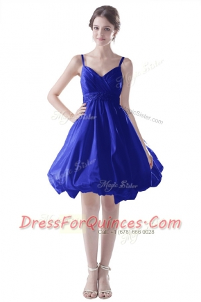 Spaghetti Straps Sleeveless Dress for Prom Knee Length Beading Royal Blue Satin