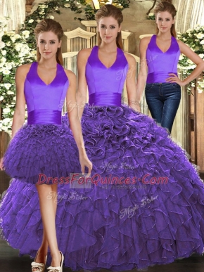 Three Pieces Sweet 16 Dresses Purple Halter Top Organza Sleeveless Floor Length Lace Up