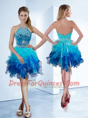 Halter Top Knee Length Multi-color Evening Dress Organza Sleeveless Beading