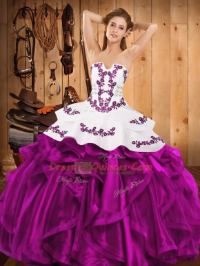 Fuchsia Vestidos de Quinceanera Military Ball and Sweet 16 and Quinceanera with Embroidery and Ruffles Strapless Sleeveless Lace Up