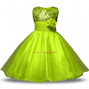 Graceful Olive Green Sleeveless Bowknot and Belt and Hand Made Flower Knee Length Flower Girl Dresses