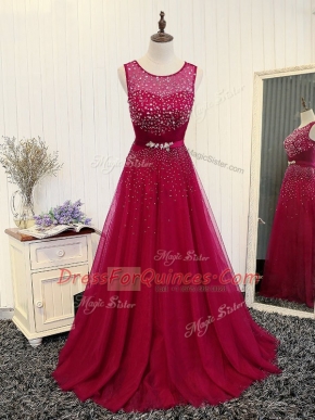 Brush Train Empire Prom Gown Fuchsia Scoop Tulle Sleeveless Zipper