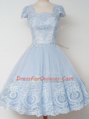 Light Blue Square Neckline Lace Quinceanera Court Dresses Cap Sleeves Zipper