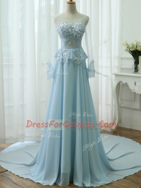 Light Blue Long Sleeves Chiffon Zipper for Prom and Military Ball