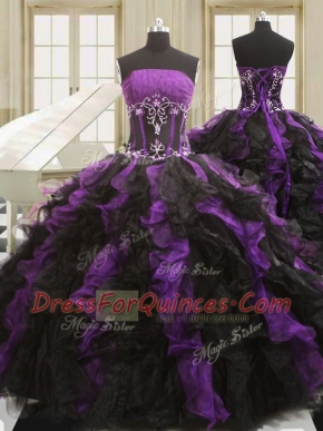 Sexy Black And Purple Sleeveless Floor Length Beading and Ruffles Lace Up Vestidos de Quinceanera