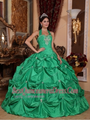 Green Ball Gown Halter Top Floor-length Taffeta Appliques Quinceanera Dress