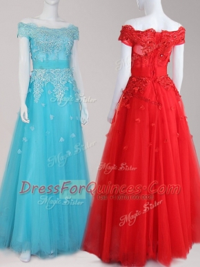 Aqua Blue Off The Shoulder Neckline Beading and Appliques Evening Dress Cap Sleeves Zipper