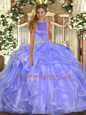 Sweet Lavender Sleeveless Organza Backless Quinceanera Dress for Military Ball and Sweet 16 and Quinceanera