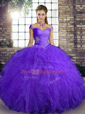 Purple Lace Up Off The Shoulder Beading and Ruffles Sweet 16 Dress Tulle Sleeveless