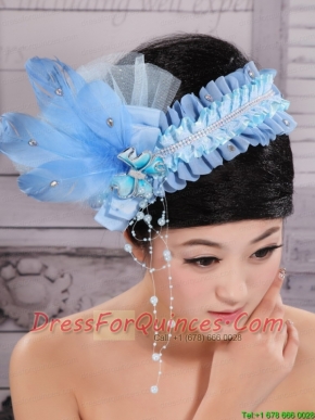 Classical Rhionstones and Feather Decorate On Tulle Baby Blue Headpices For Party