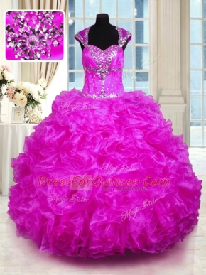 Nice Straps Cap Sleeves Sweet 16 Dresses Floor Length Beading and Ruffles Fuchsia Organza