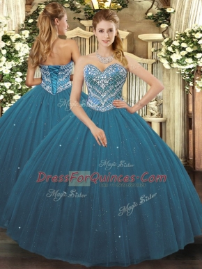 Sleeveless Floor Length Beading Lace Up Quince Ball Gowns with Teal