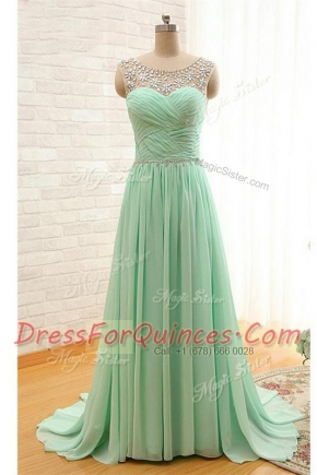 Apple Green Column/Sheath Scoop Sleeveless Chiffon With Brush Train Zipper Beading and Ruching Evening Dress