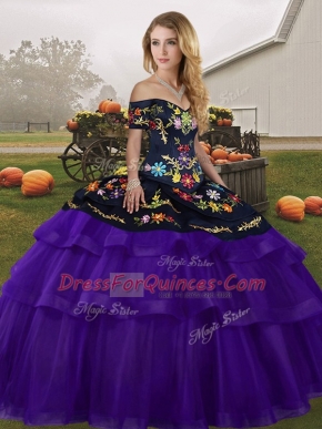 Black And Purple Ball Gowns Tulle Off The Shoulder Sleeveless Embroidery and Ruffled Layers Lace Up Ball Gown Prom Dress Brush Train