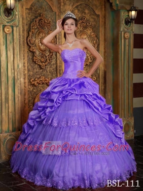 Sweetheart Purple Taffeta and Tulle Lace-up Appliques Best Quinceanera Dresses Ball Gown