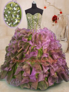 Multi-color Sleeveless Floor Length Beading and Ruffles Side Zipper Quinceanera Dress