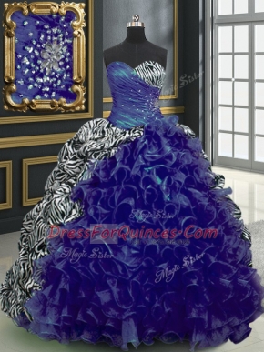 Blue Organza and Printed Lace Up Sweetheart Sleeveless With Train Sweet 16 Dress Beading and Ruffles and Pattern