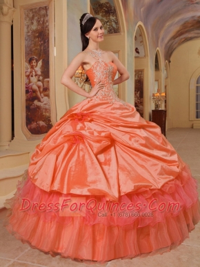 Perfect Orange Red Ball Gown One Shoulder Floor-length Taffeta Quinceanera Dress