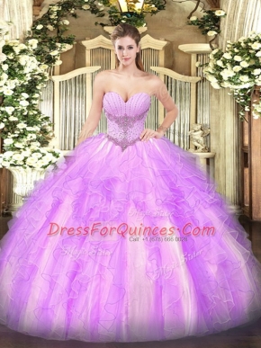Customized Lilac Sweetheart Neckline Beading and Ruffles Sweet 16 Dress Sleeveless Lace Up