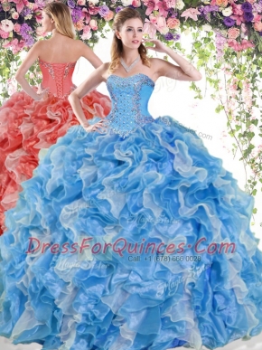 Floor Length Lace Up Quince Ball Gowns Blue And White for Military Ball and Sweet 16 and Quinceanera with Beading and Ruffles
