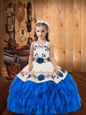 Blue Ball Gowns Straps Sleeveless Organza Lace Up Beading and Ruffles Kids Formal Wear