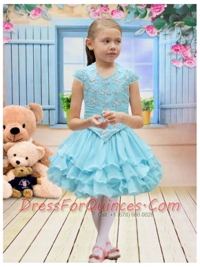 Fitted Light Blue A-Line V-neck Flower Girl Dresses For 2014