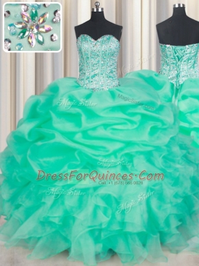 Romantic Turquoise Sweetheart Lace Up Beading and Ruffles and Pick Ups Quinceanera Dress Sleeveless