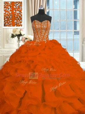 Hot Sale Sweetheart Sleeveless Sweet 16 Dresses With Brush Train Beading and Ruffles Red Organza