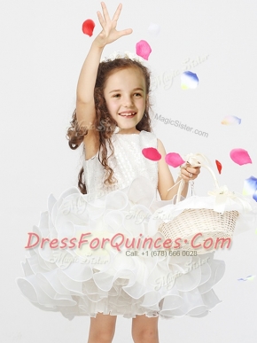 New Arrival White Ball Gowns Scoop Sleeveless Organza Mini Length Zipper Lace and Ruffles Flower Girl Dresses for Less