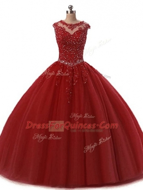 Scoop Sleeveless Sweet 16 Dress Floor Length Beading and Lace Burgundy Tulle