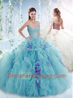 Aquamarine Puffy Skirt Detachable15th Birthday Dresseswith Beading and Ruffles
