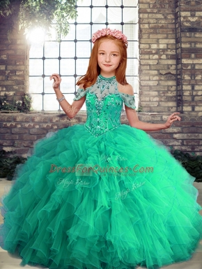 Elegant Turquoise Ball Gowns Tulle Halter Top Sleeveless Beading and Ruffles Floor Length Lace Up Pageant Dress Womens
