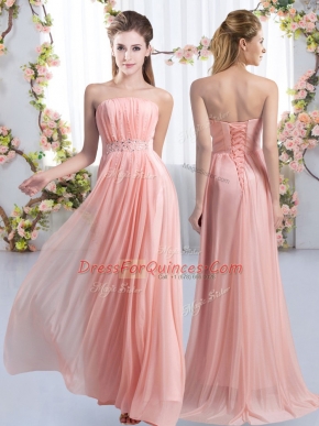 Great Chiffon Sleeveless Quinceanera Court Dresses Sweep Train and Beading