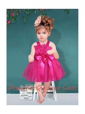 Hot Pink Straps Ball Gown Little Girl Dresses with Ribbons