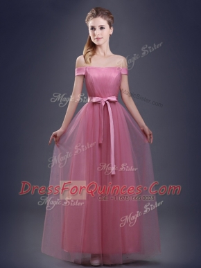 Off the Shoulder Pink Sleeveless Floor Length Ruching and Bowknot Lace Up Damas Dress