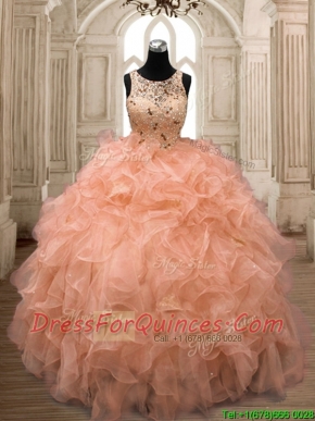 Unique Scoop Orange Sweet 16 Dress with Beading and Ruffles