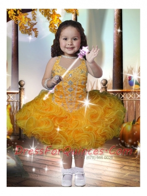 Romantic Ball Gown Halter Tea-length Beading Ruffles Yellow Little Girl Dresses