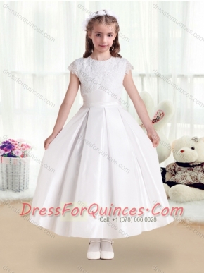 Pretty Scoop Satin Flower Little Girl Dress with Appliques