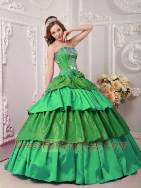 Taffeta Multi-color Strapless Appliques Ball Gown Dress with Ruffled Layers and Bokwnot